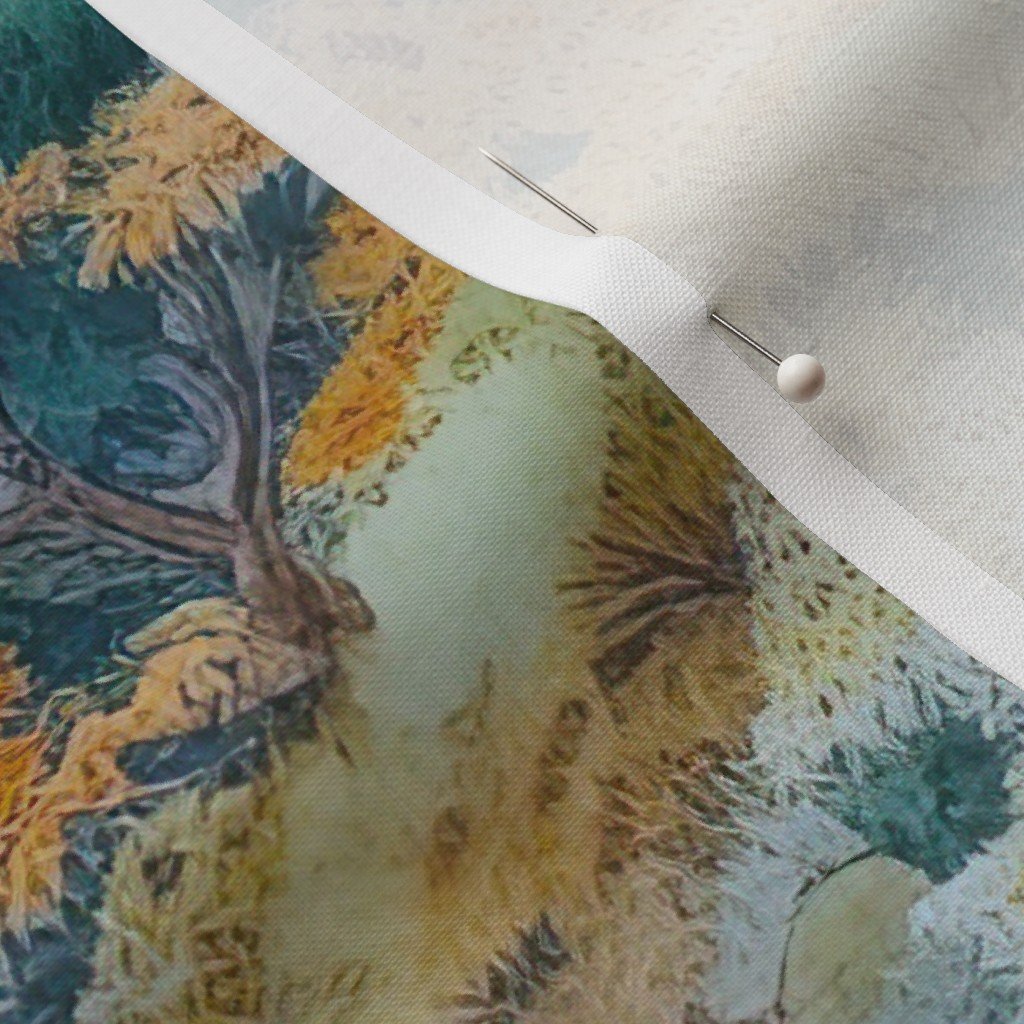 Japanese Autumn Water Garden Watercolor with Temples in Soft Blue and Fabric decor fabric