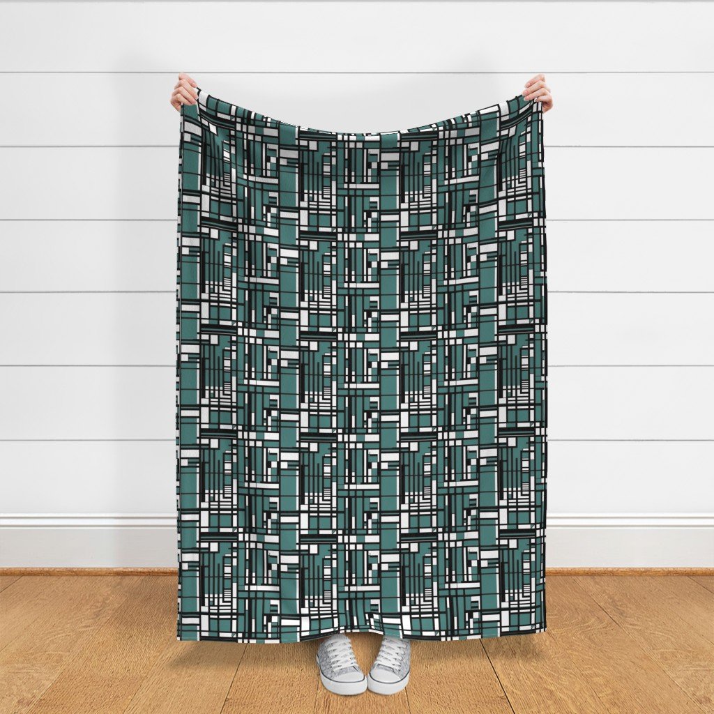 Dusty Teal Modernist City Blocks Geometric Pattern Fabric bold print fabric