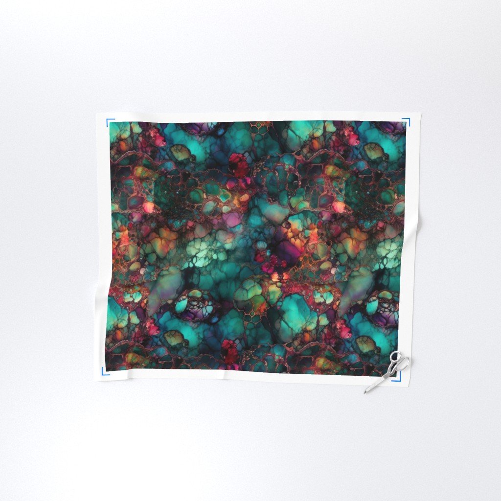 Inky Opal Swirl with Emerald Teal and Warm Ruby Accents Fabric emerald fabric