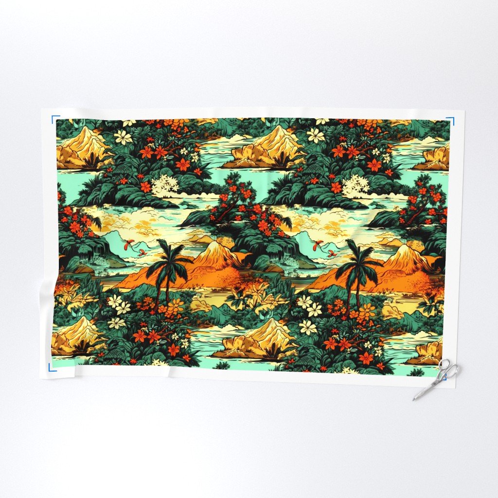 Vintage Hawaiian Tropical Floral Landscape in Bright Volcano Sunset Fabric hibiscus fabric
