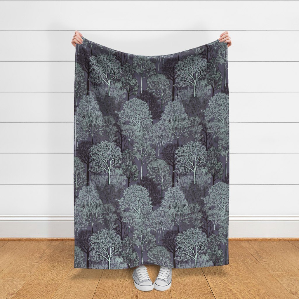 New England Endless Forest Trees in Twilight Blue Winter Fabric forest fabric