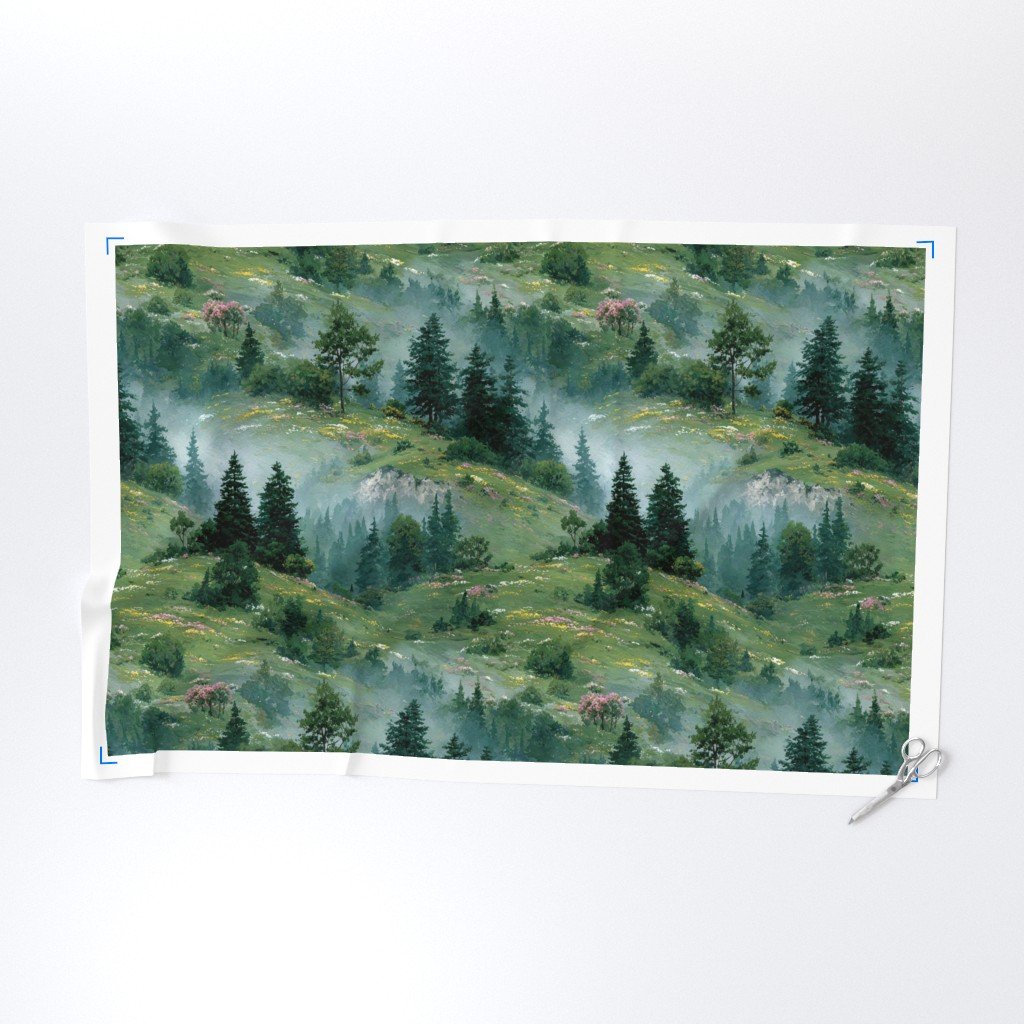 Olympic National Park Spring Watercolor Wildflower Landscape Fabric landscape fabric