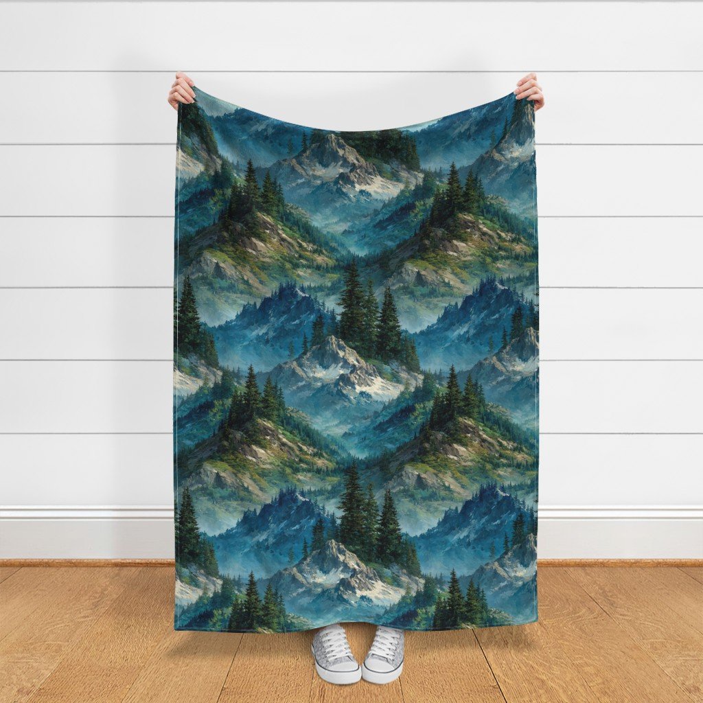 Olympic National Park Summer Watercolor Mountain Landscape Fabric landscape fabric