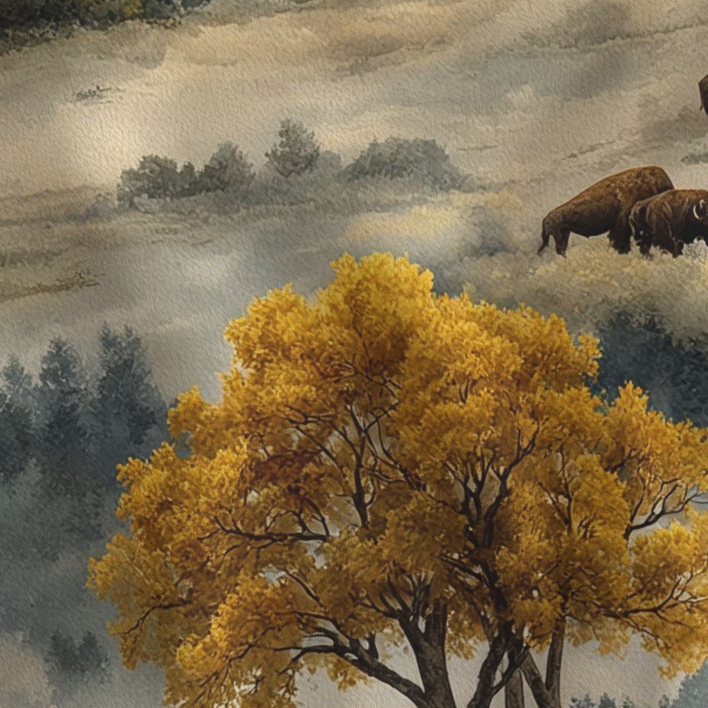 Yellowstone National Park Autumn Watercolor Bison Landscape Fabric earthy fabric
