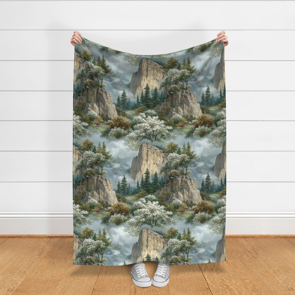 Yosemite National Park Spring Watercolor Granite Cliff Landscape Fabric fresh fabric