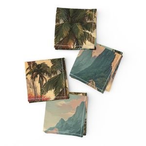 Vintage Hawaiian Watercolor Landscape with Misty Mountains and Palms Decor Collection Home Styling Collection hawaiian napkins design