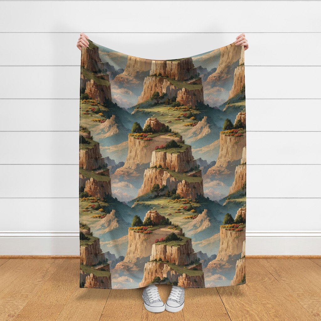 Spring Blossoms Over the Grand Canyon Watercolor Landscape Fabric cliffs fabric