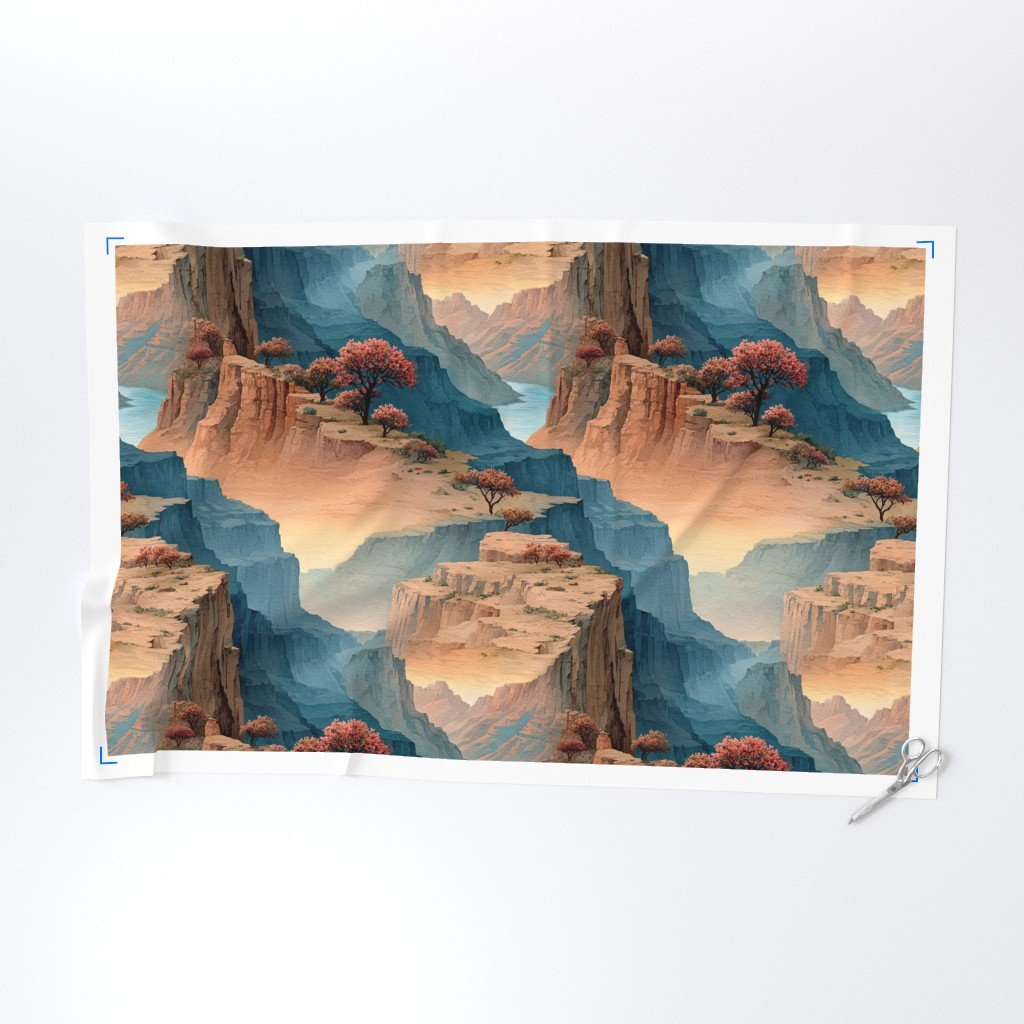 Spring Blossoms Over the Grand Canyon Watercolor Landscape Fabric cliffs fabric