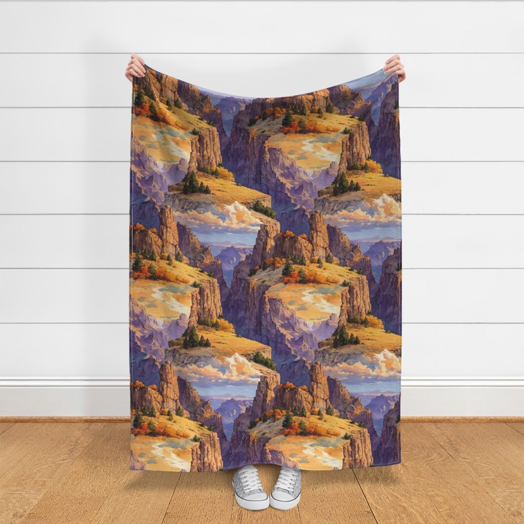 Autumn Glow Over the Grand Canyon Watercolor Landscape Fabric autumn fabric