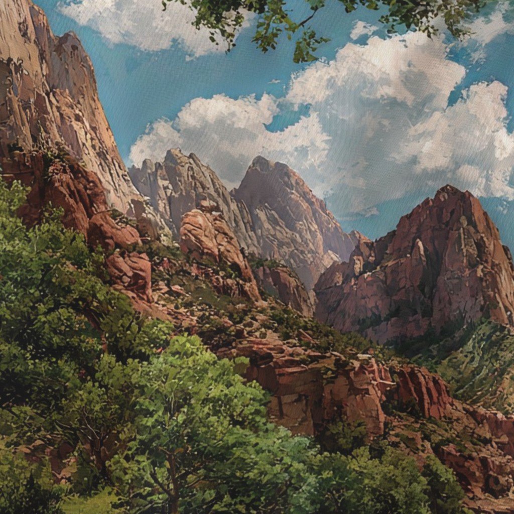 Spring Panorama of Zion Canyon Watercolor Landscape Fabric green fabric
