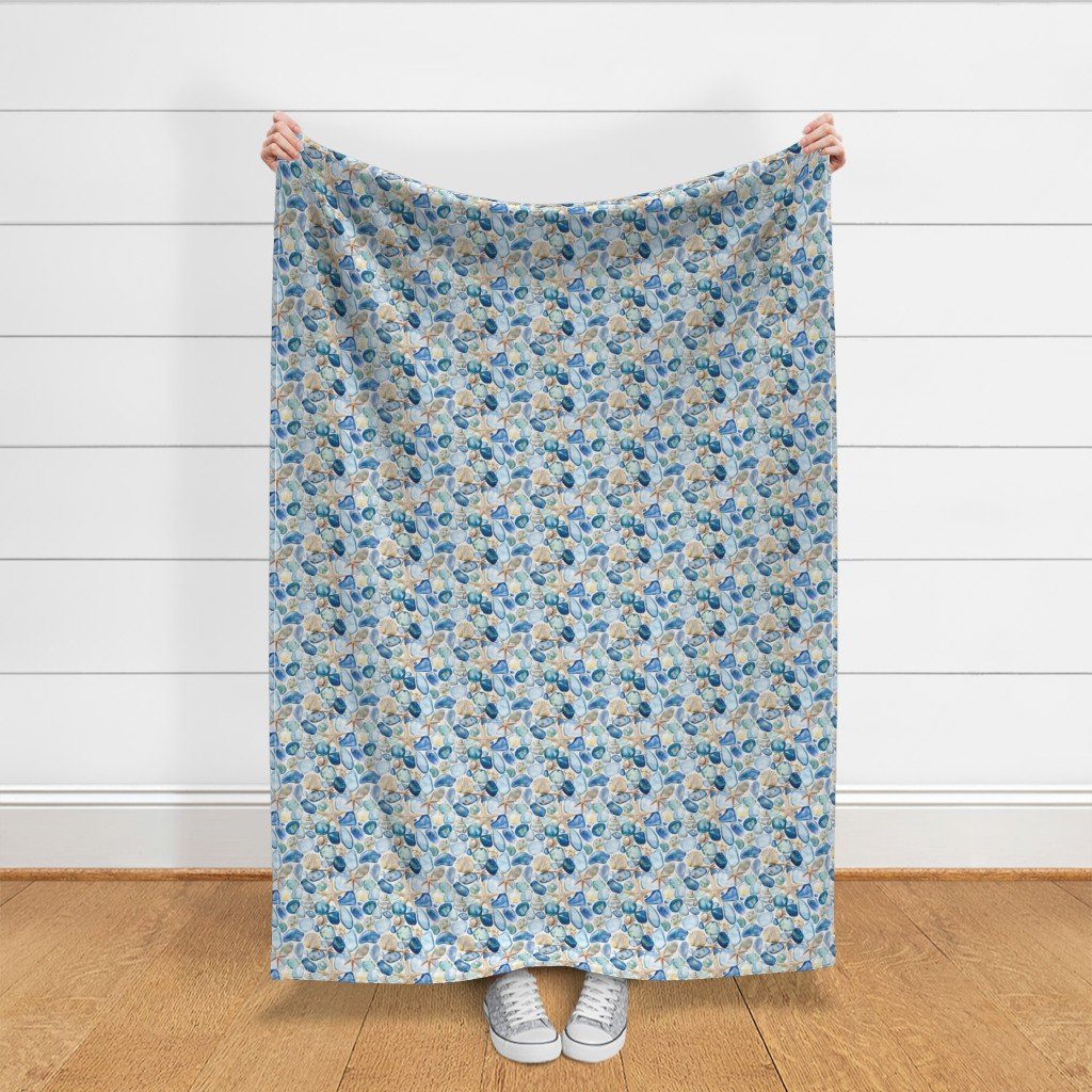 Watercolor Sea Glass Shells and Starfish Coastal Pattern in Ocean Fabric beach fabric