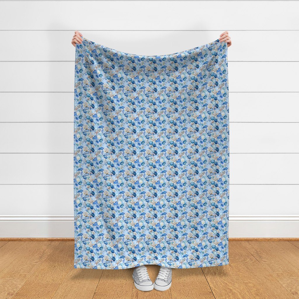 Watercolor Sea Glass Shells and Starfish Coastal Pattern in Seafoam Fabric blue fabric