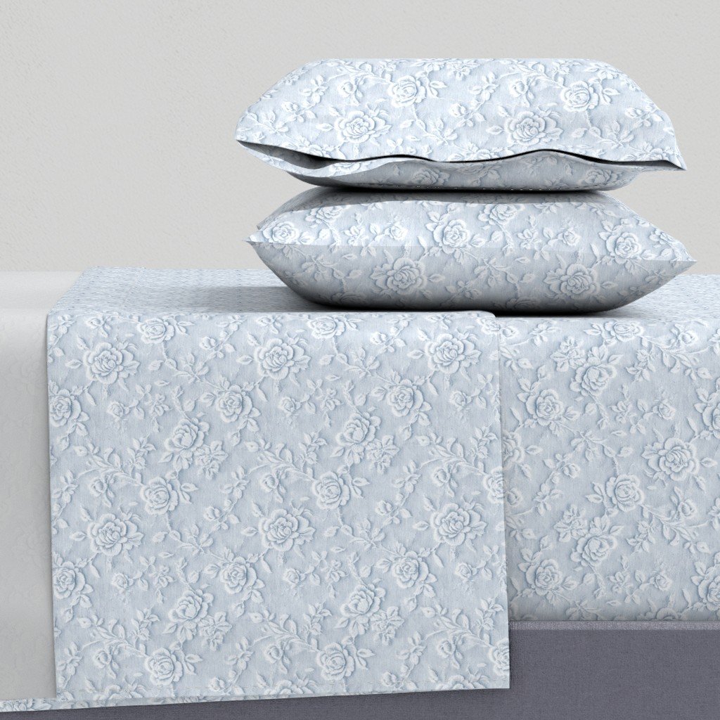 Sheet Set in Vintage Lace Rose Floral Pattern in Dusty Blue
