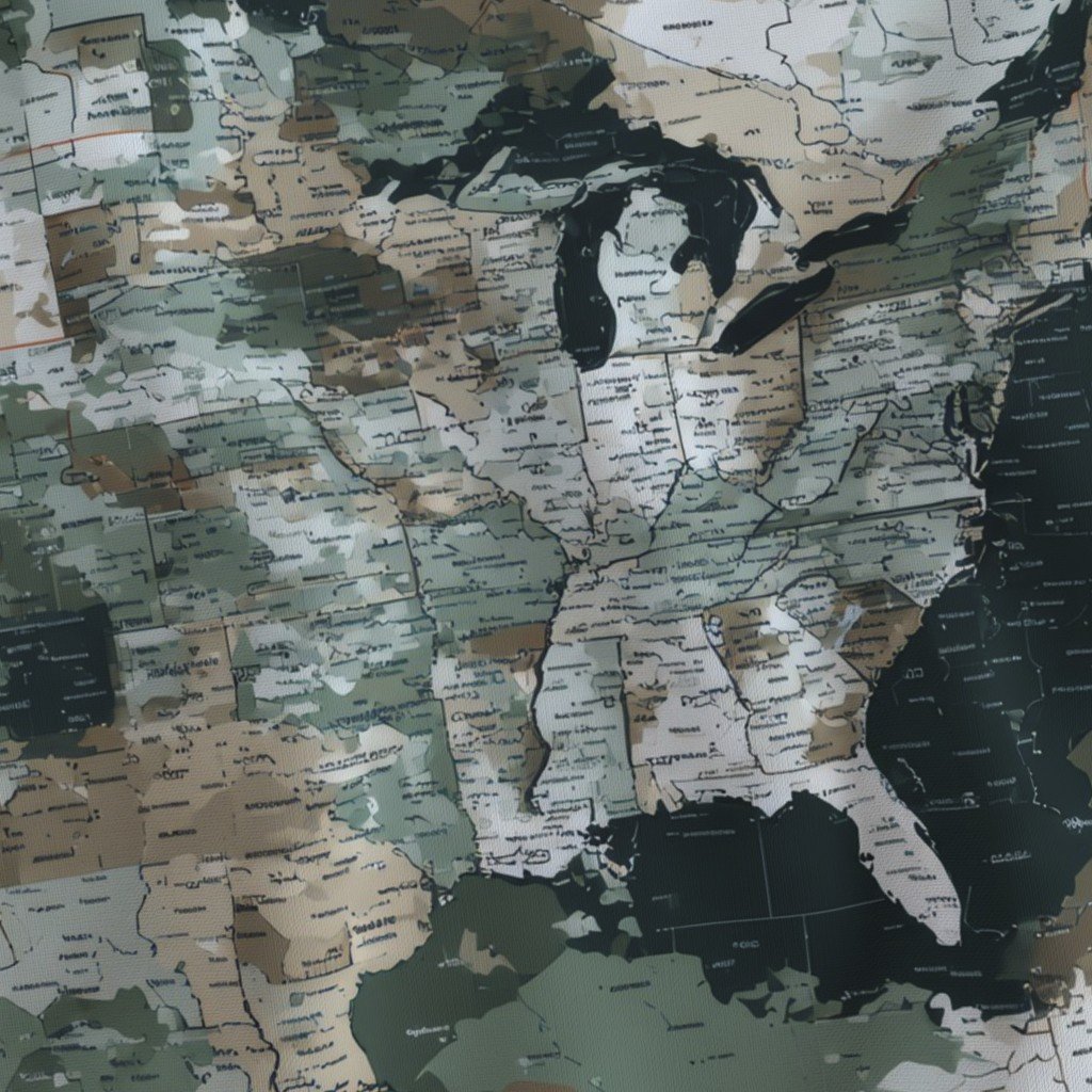 USA State Outline Camouflage in Sage Green and Slate Fabric bold fabric