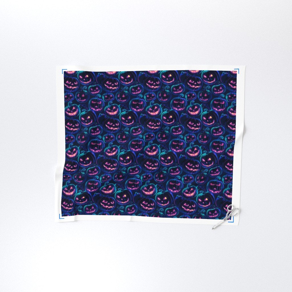 Small Neon Blue Halloween Pumpkins Glowing in the Dark Fabric halloween fabric fabric