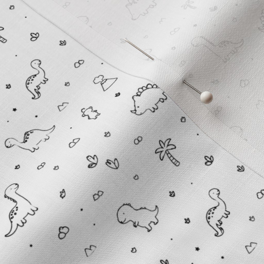 Minimal Black and White Dinosaur Doodle Pattern with Volcano Stars Fabric cute fabric