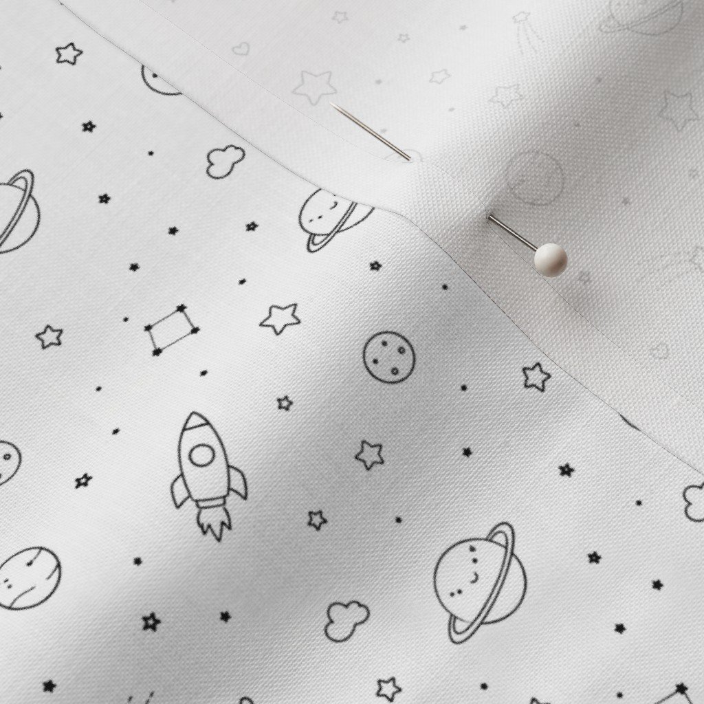 Minimal Black And White Space Doodle Pattern With Planets Rockets Star Fabric minimalist fabric