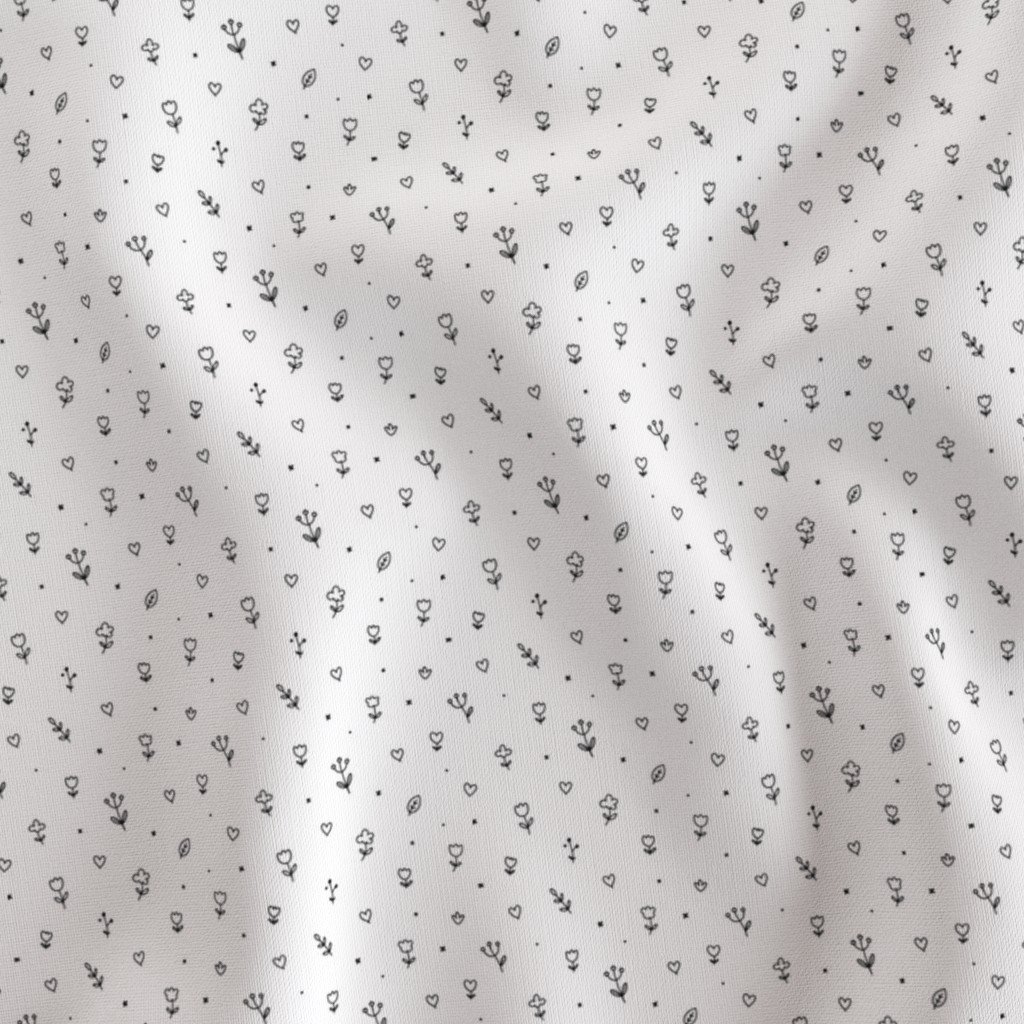 Minimal Black And White Floral Doodle Pattern With Hearts And Leaves Fabric cute fabric