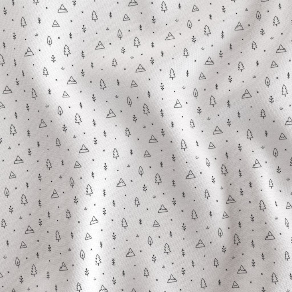 Minimal Black and White Woodland Doodle Pattern with Trees and Mountai Fabric minimalist fabric