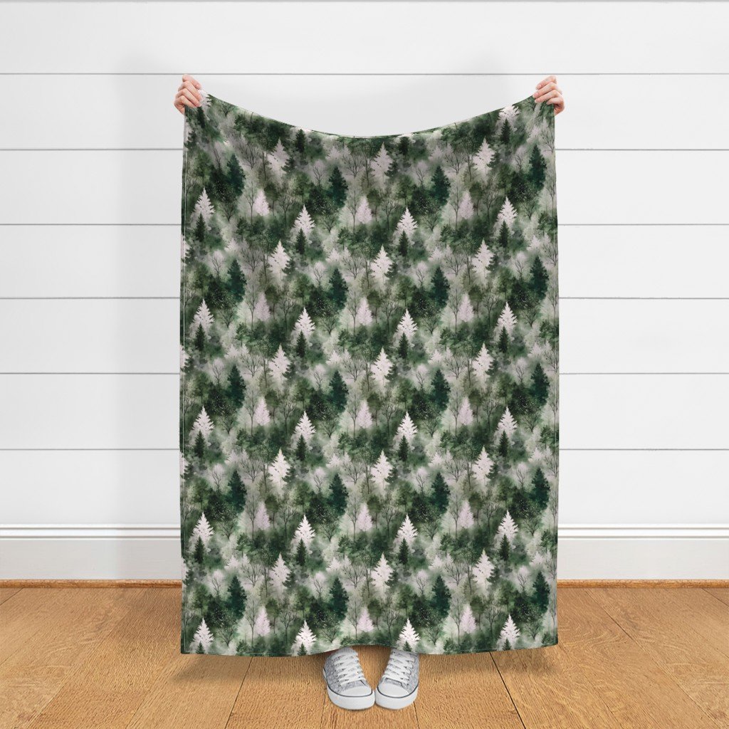Small Endless Winter Tree Dreamscape Trees in Deep Green Misty Forest F Fabric abstract fabric