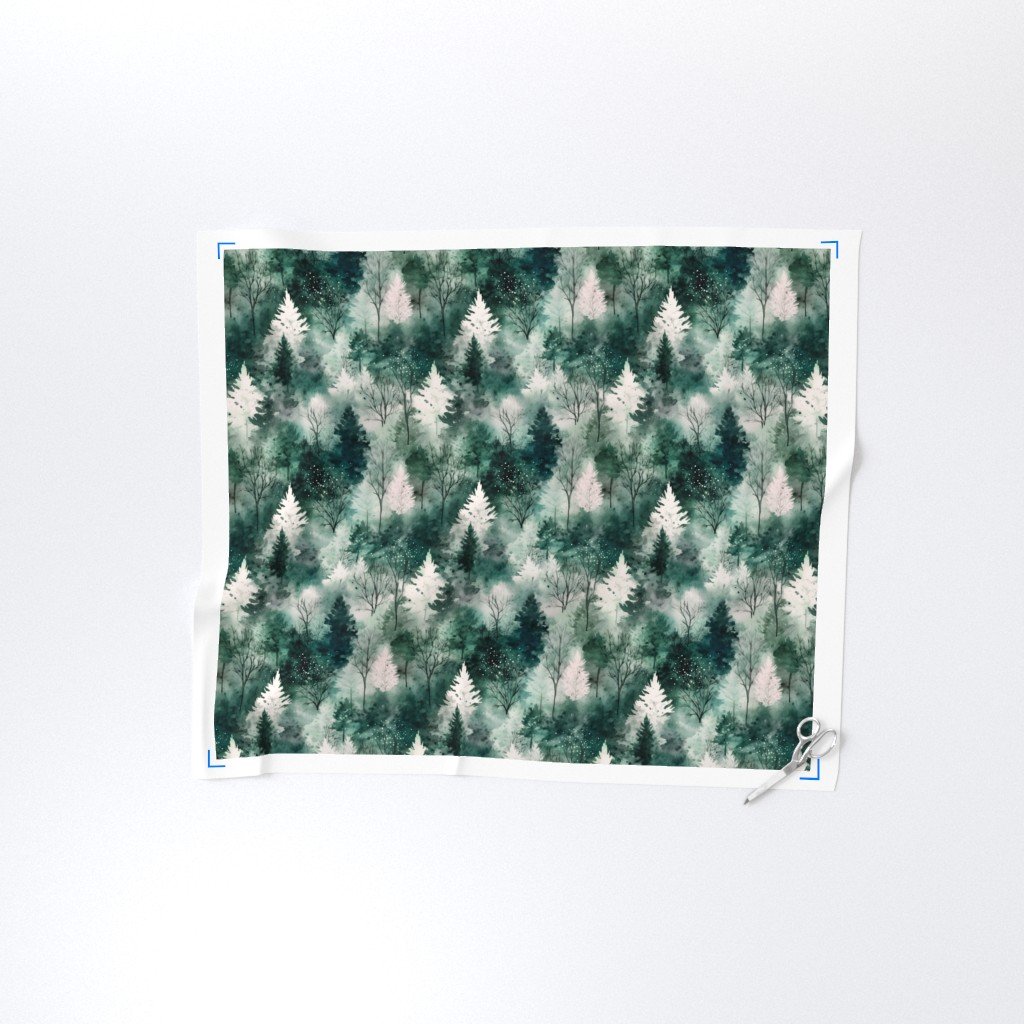 Small Endless Winter Tree Dreamscape Trees in Cool Teal Misty Forest Fabric botanical fabric