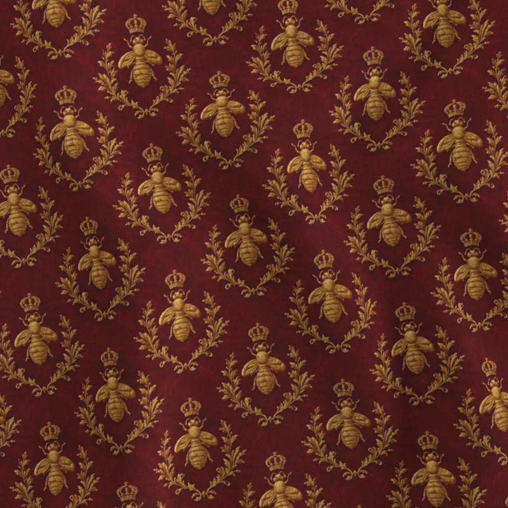 Small Napoleonic Royal Bee and Laurel Wreath Pattern on Crimson Red Fabric french empire fabric