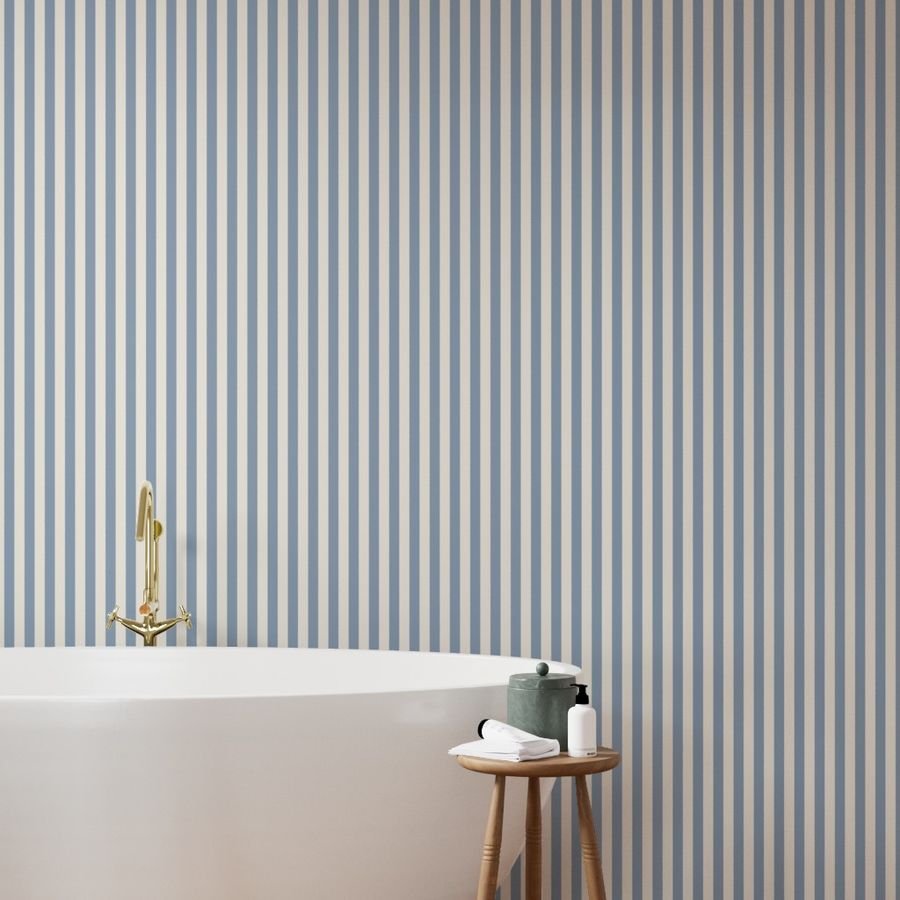 Classic Dusty Blue and Ivory One Inch Broad Stripe Pattern Wallpaper dusty blue stripe wallpaper