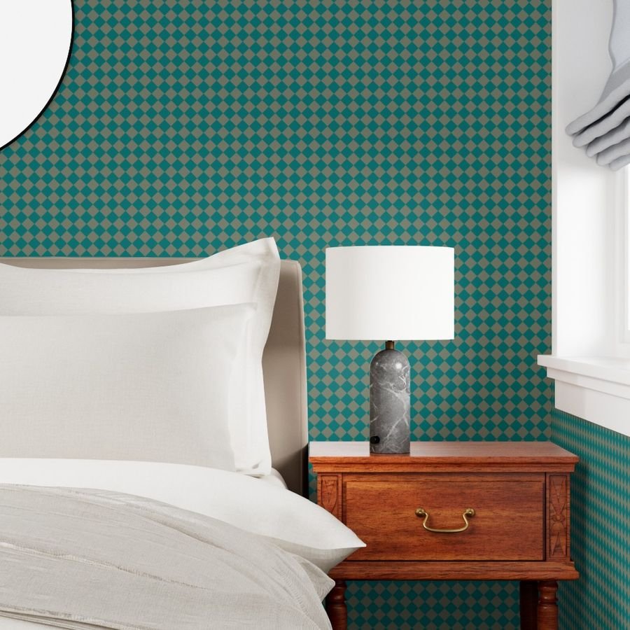 Classic Teal and Sage Green 1 Inch Diagonal Check Wallpaper cool tone wallpaper