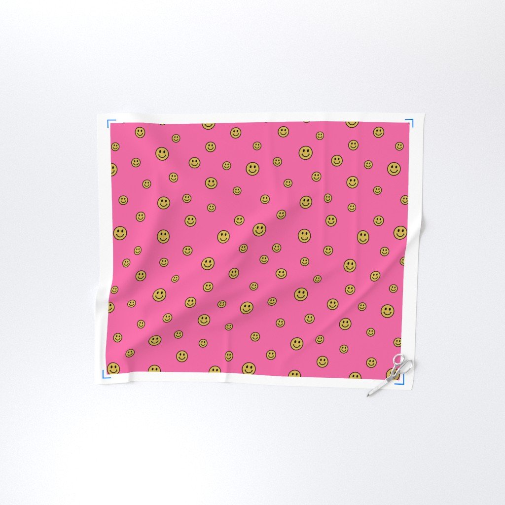 Retro Yellow Smiley Faces on Bubblegum Pink Fabric design fabric
