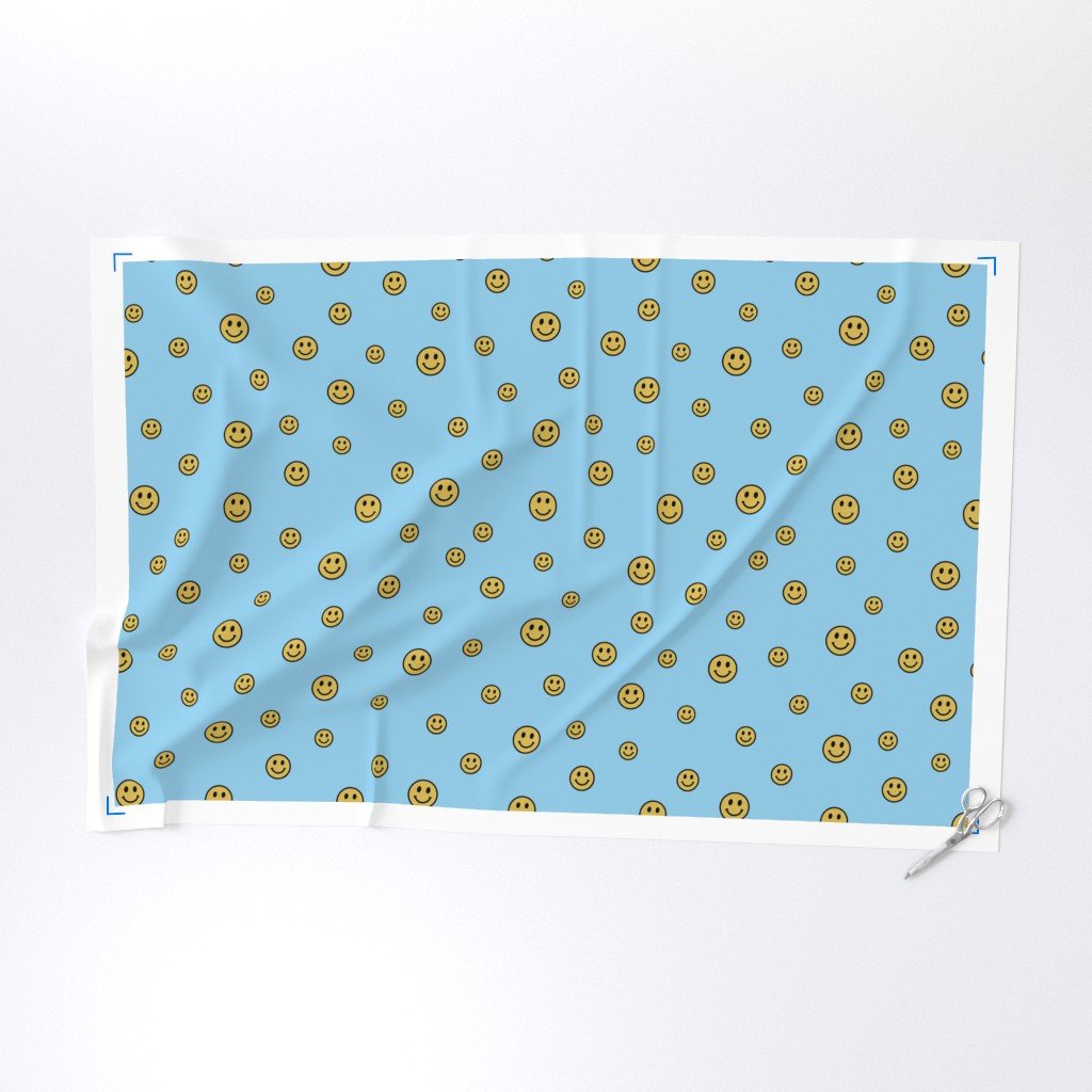 Retro Yellow Smiley Faces on Sky Blue Fabric design fabric