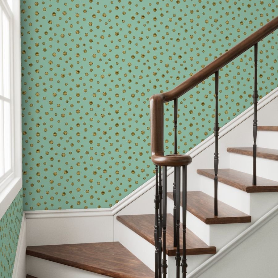 Retro Yellow Smiley Faces on Mint Green Wallpaper kids room wallpaper