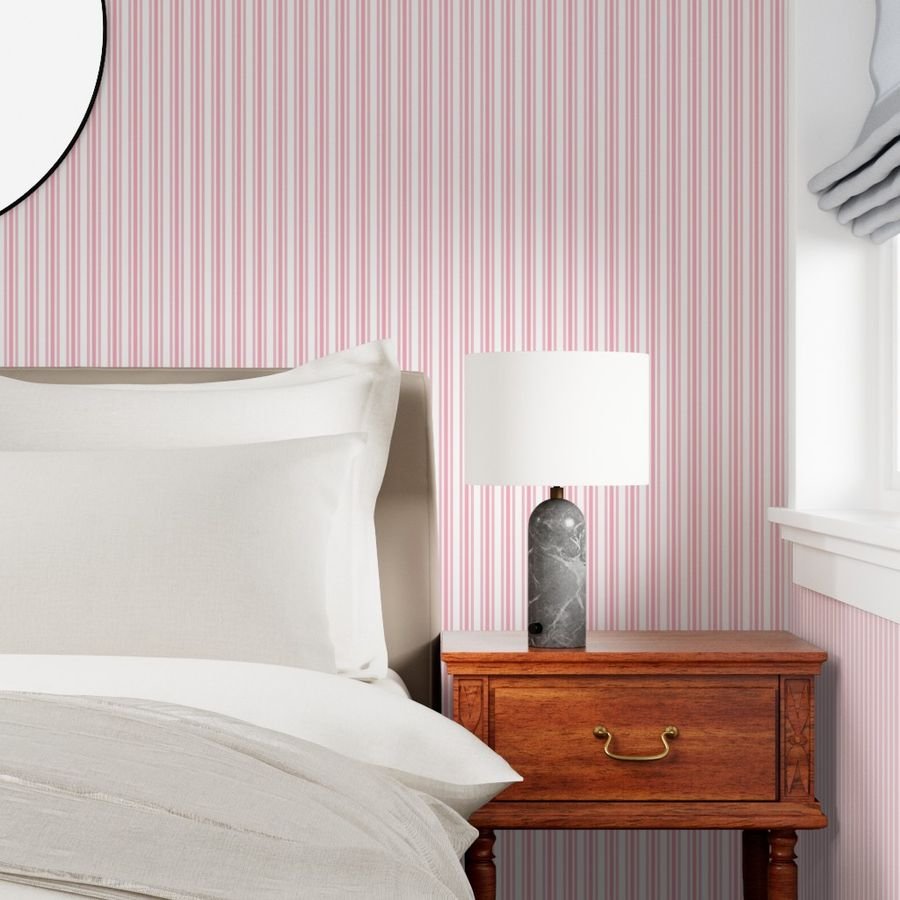 Classic Small Pink Petal French Mattress Ticking Double Stripes Wallpaper pink and white wallpaper