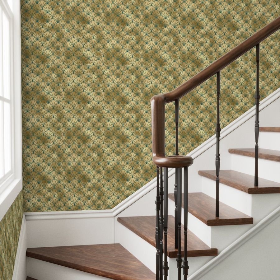 Teal and Faux Gold Foil Vintage Art Deco Scallop Shell Pattern Wallpaper gold fan wallpaper