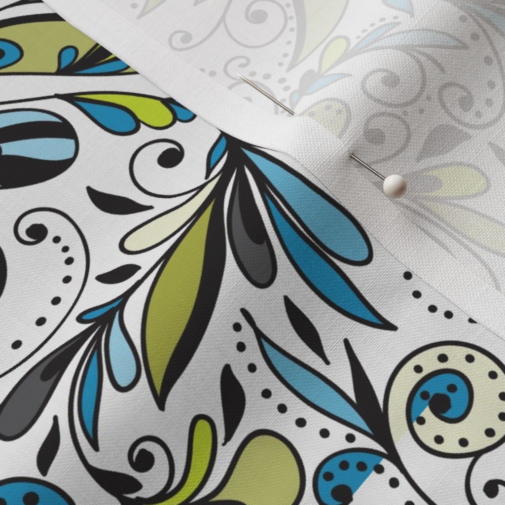 Floral Doodles Seamless Repeat Pattern in Blue and Green Fabric green leaves fabric