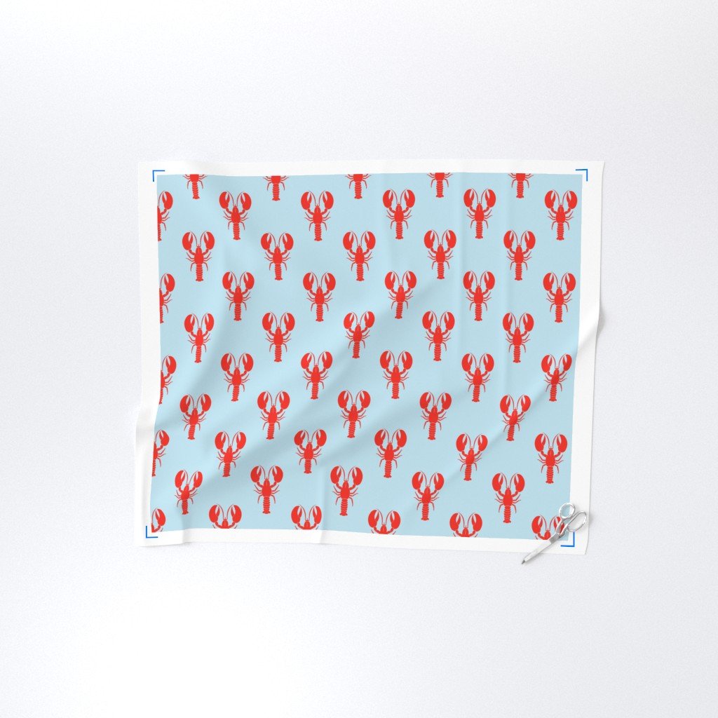 Handdrawn Motif of a Red Lobster on Pale Blue Fabric red lobster fabric