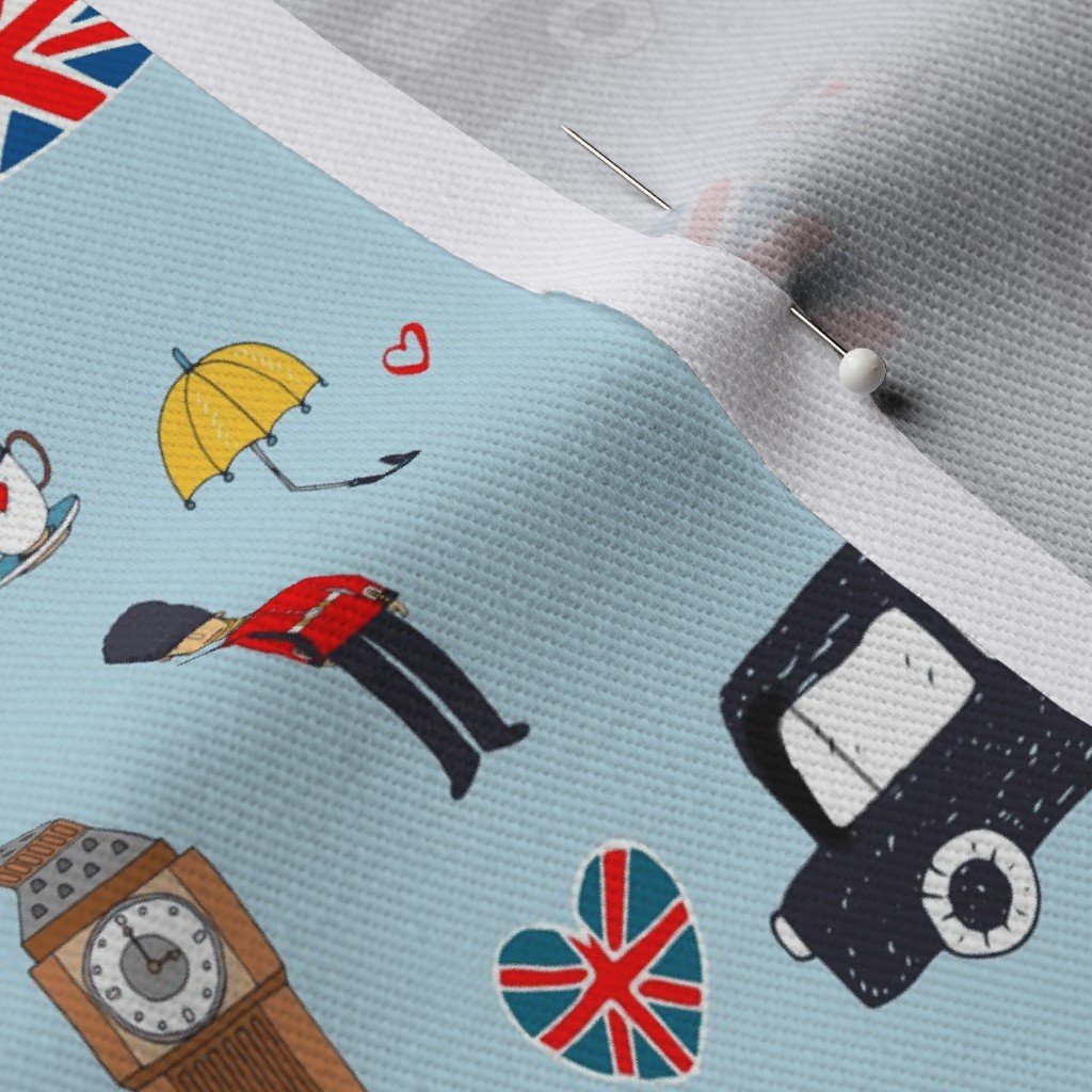 London England Handdrawn Motifs Big Ben Union Jack Palace Guard Fabric black cabs fabric