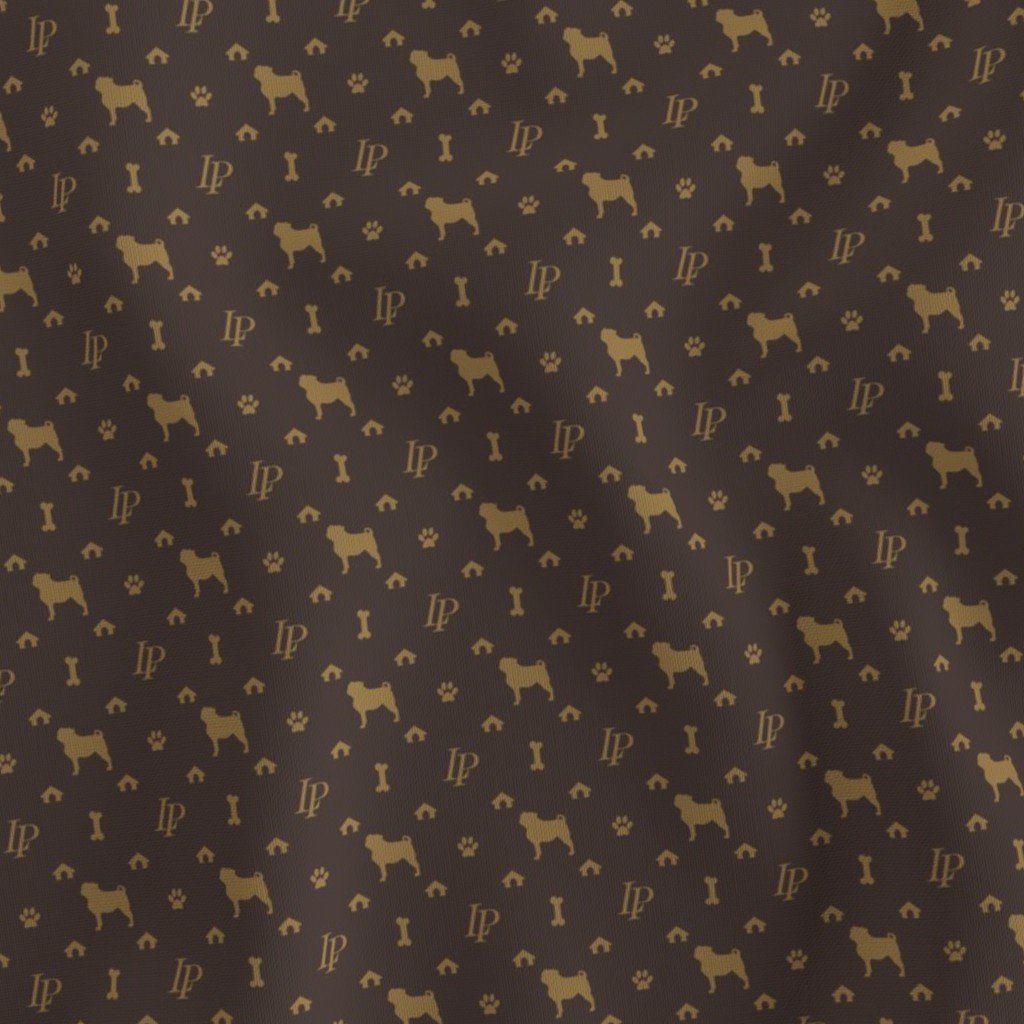 Louis Pug Face Luxury Dog Smaller Pattern in Tan on Brown Fabric luxury dog fabric