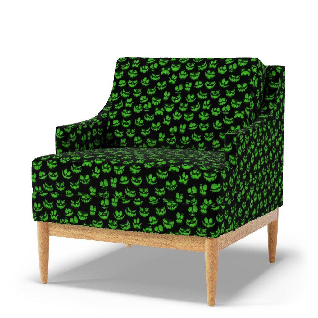 Mini Grinning Halloween Jack o Lantern Faces in Neon Green on Black Fabric jack o lanterns fabric