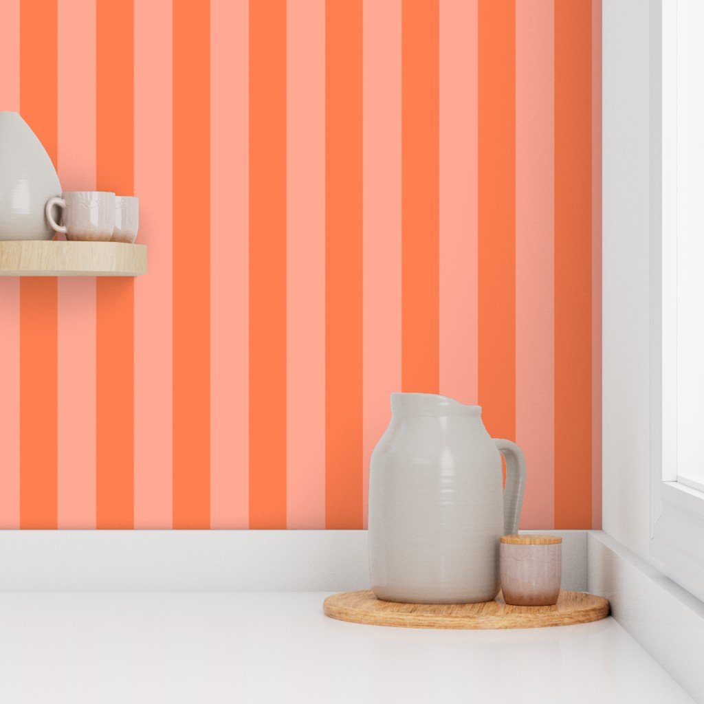 Sunset Coral and Tonal Coral 2 Inch Vertical Cabana Stripes Wallpaper tonal coral wallpaper