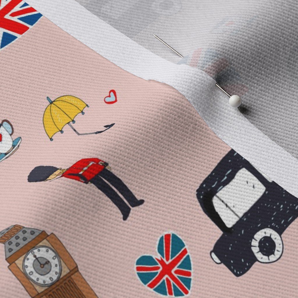 London England Handdrawn Motifs Big Ben Union Jack Palace Guard Fabric black cabs fabric