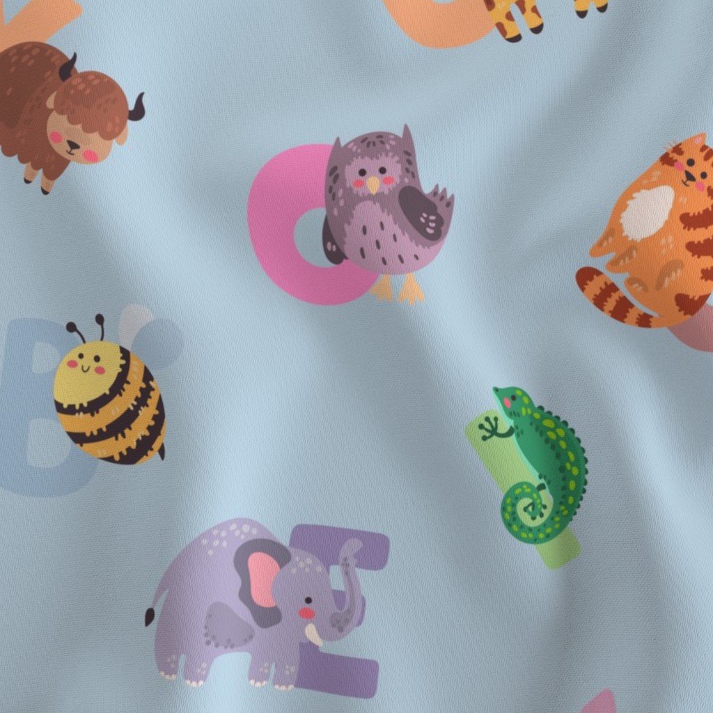 Whimsical Nursery Alphabet in Adorable Animals for Babies and Fabric blue pastel fabric