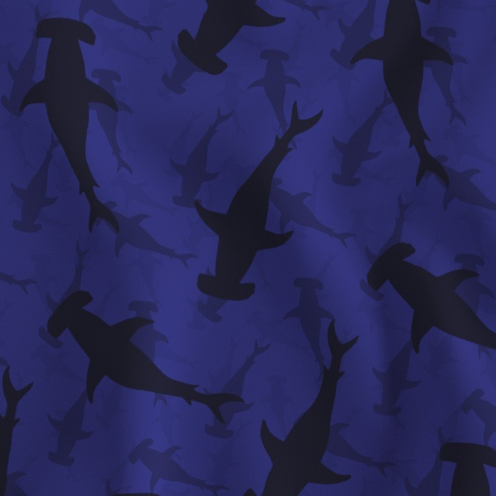 Hammerhead Sharks in Blue Silhouette Circling in Dark Blue Water Fabric dark fabric