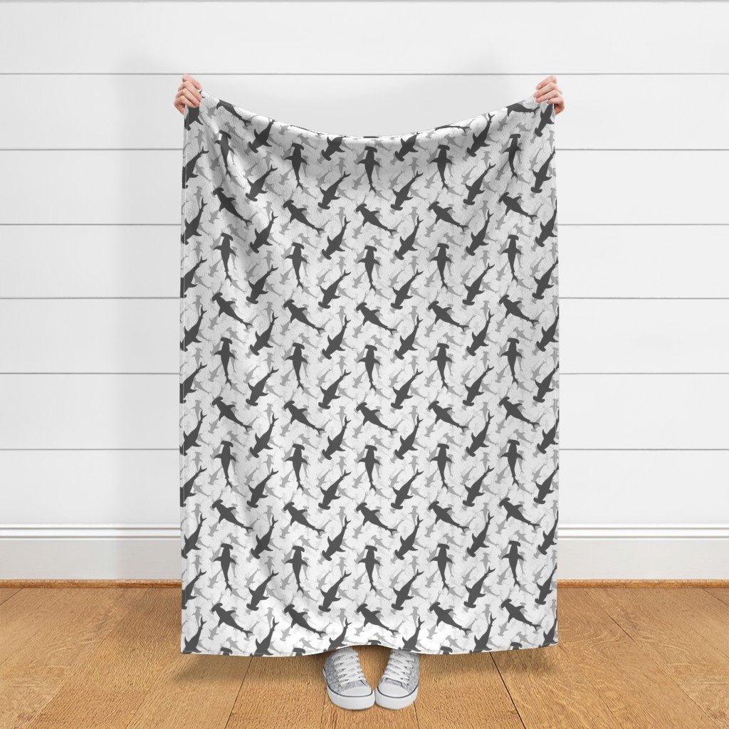 Hammerhead Sharks in Grey Silhouette Circling on White Fabric bull fabric