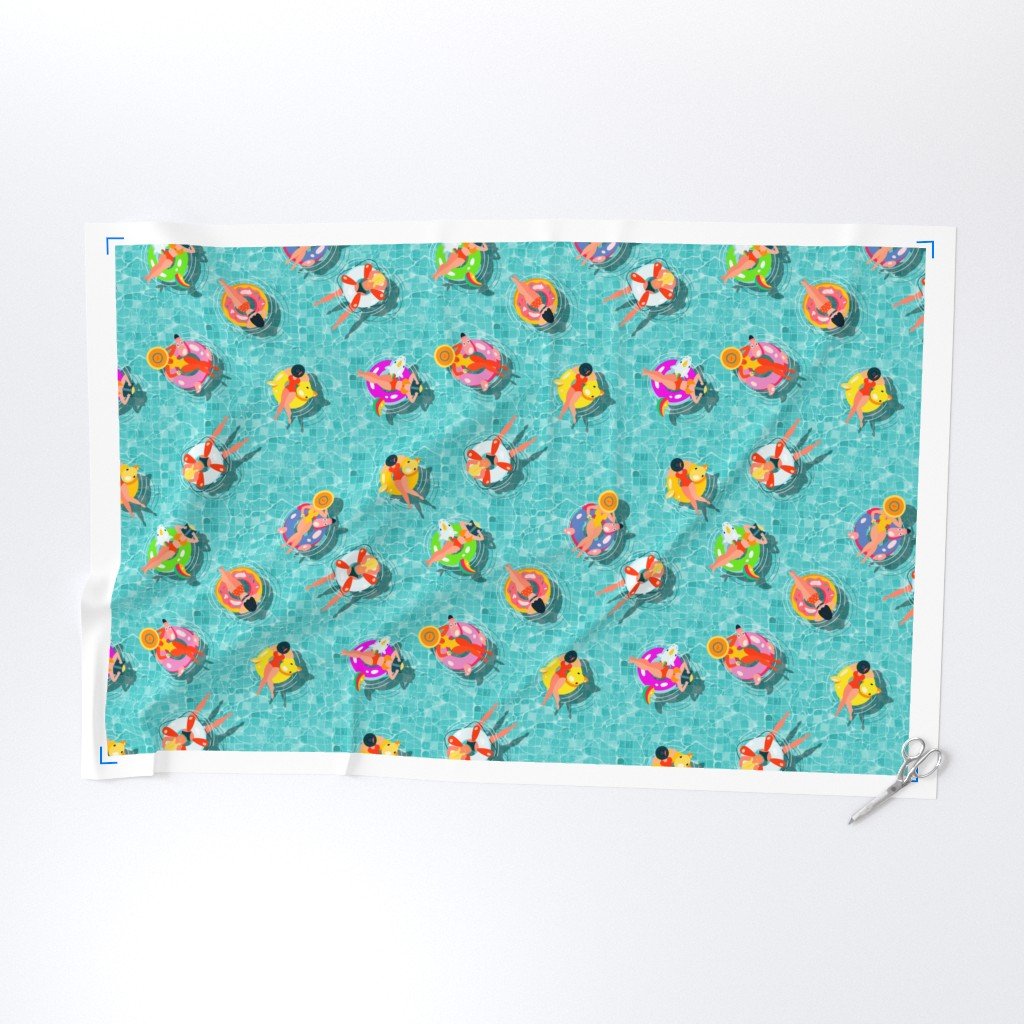 Aqua Summer Pool Party with Ring Floats and Swimmers Fabric bathing swimmers fabric