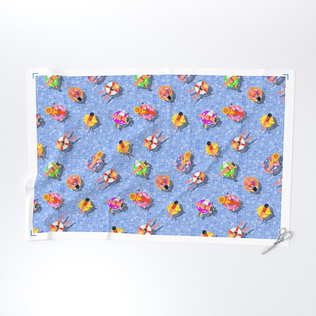 Blue Summer Pool Party with Ring Floats and Swimmers Fabric ring floats fabric