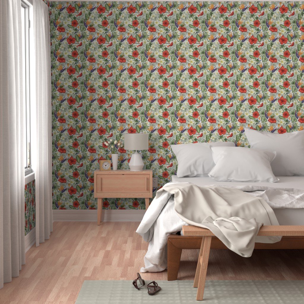 White and Red Hawaiian Hibiscus Birds of Paradise and Plumeria Wallpaper palm fronds wallpaper