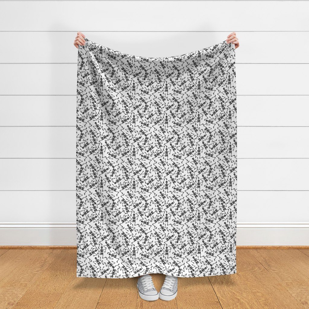 Small Black Dancing Halloween Skeletons Scattered On White Fabric dancing skeletons fabric