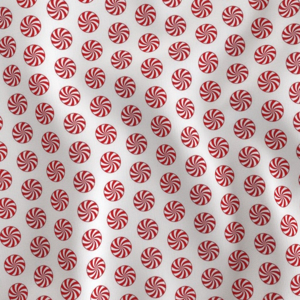 Red and White Peppermint Christmas Candy Swirls on White Fabric peppermint swirls fabric