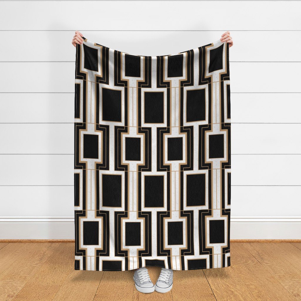 Jumbo Art Deco Geometric Rectangles in Black and Faux Gold with Off Fabric eggshell pattern fabric