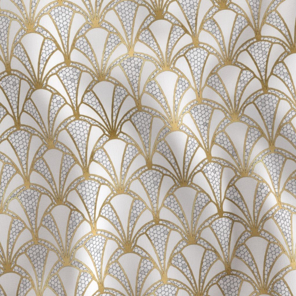 Crackled Cream Scallop Shells in Off White with Gold Art Deco Vintage Fabric eggshell pattern fabric